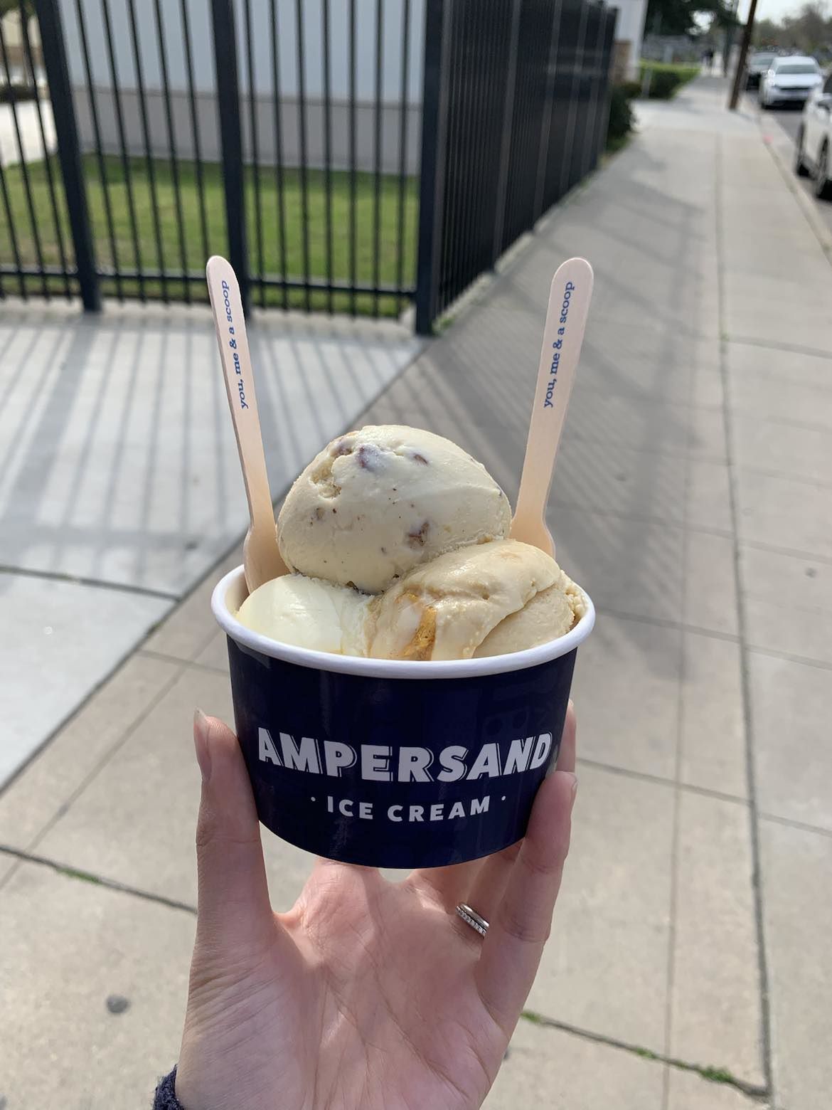 Three scoops of the best ice cream ever. Honeycomb, pralines & cream, and vanilla lavender.